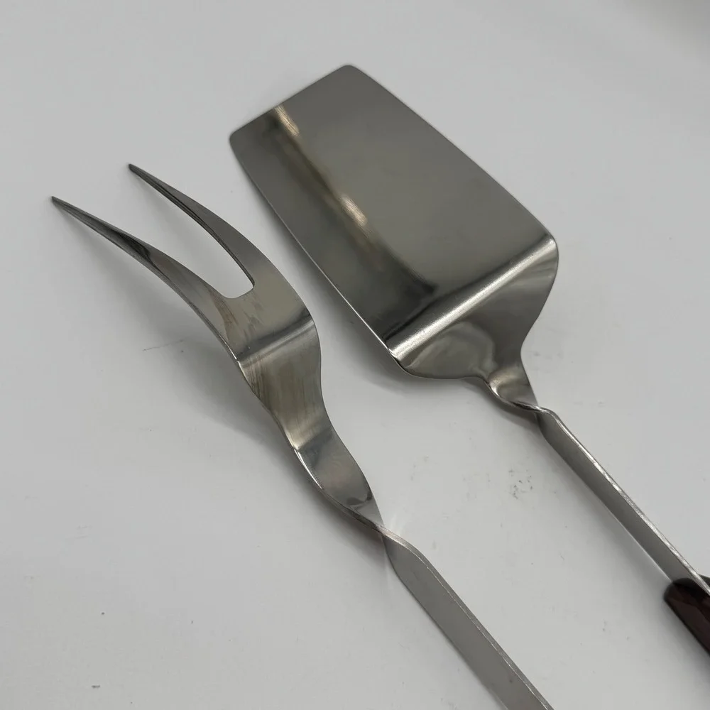 Vintage A.S. Stainless Japan BBQ Tool Set Long Wood Handle Spatula Fork 1960s